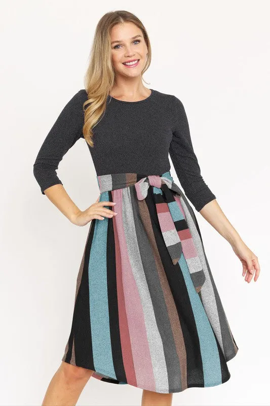 TEEK - Quarter Sleeve Stripe Sash Dress