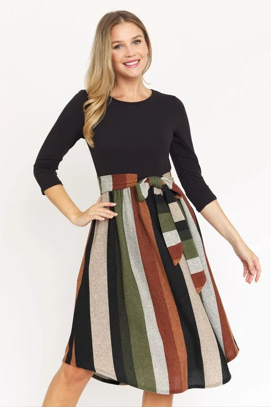 TEEK - Quarter Sleeve Stripe Sash Dress