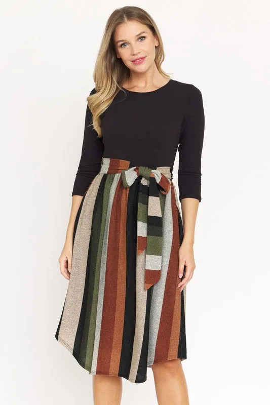 TEEK - Quarter Sleeve Stripe Sash Dress