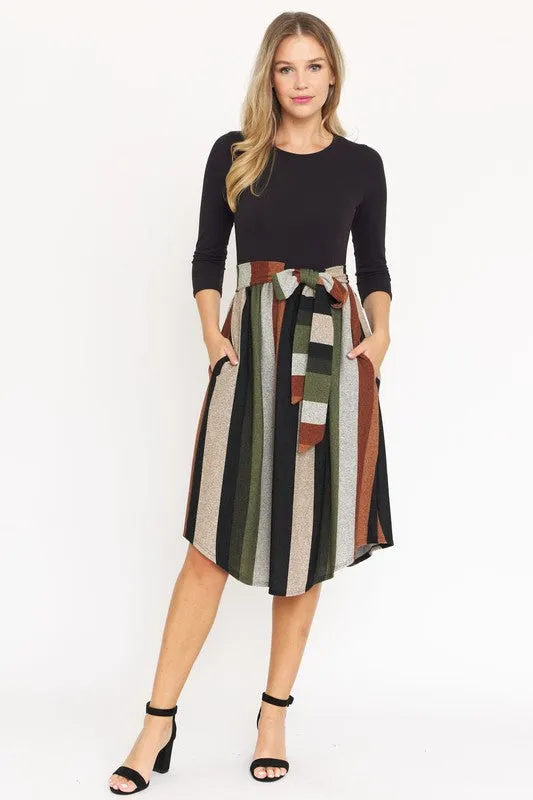 TEEK - Quarter Sleeve Stripe Sash Dress