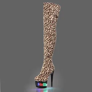 Thigh Length Leopard Print High Heel Led Display Boots