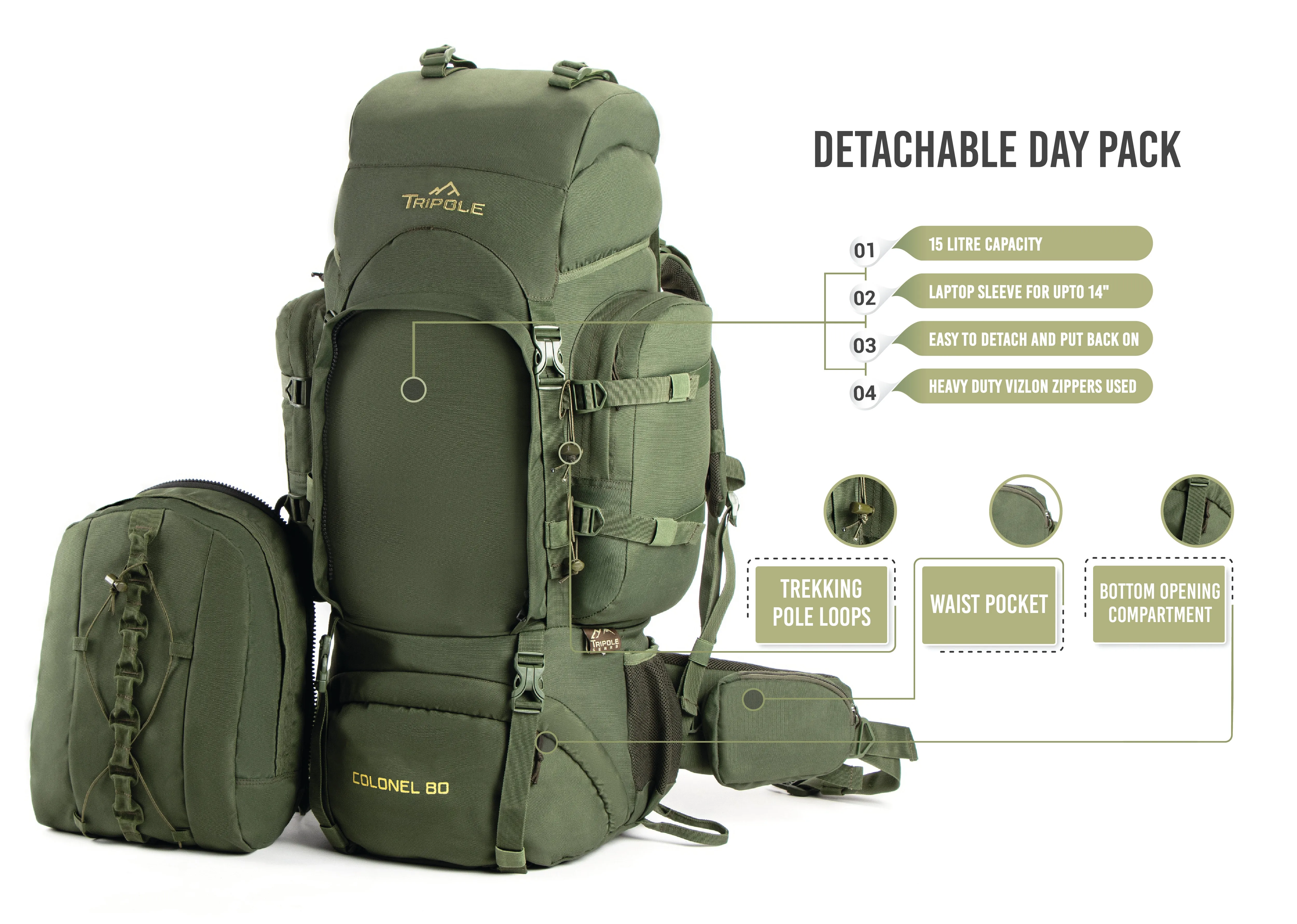 Tripole Colonel Metal Frame Rucksack with Detachable Bag & Rain Cover for Trekking & Travelling | Men & Women | 3 Year Warranty | Army Green | 80 Litre