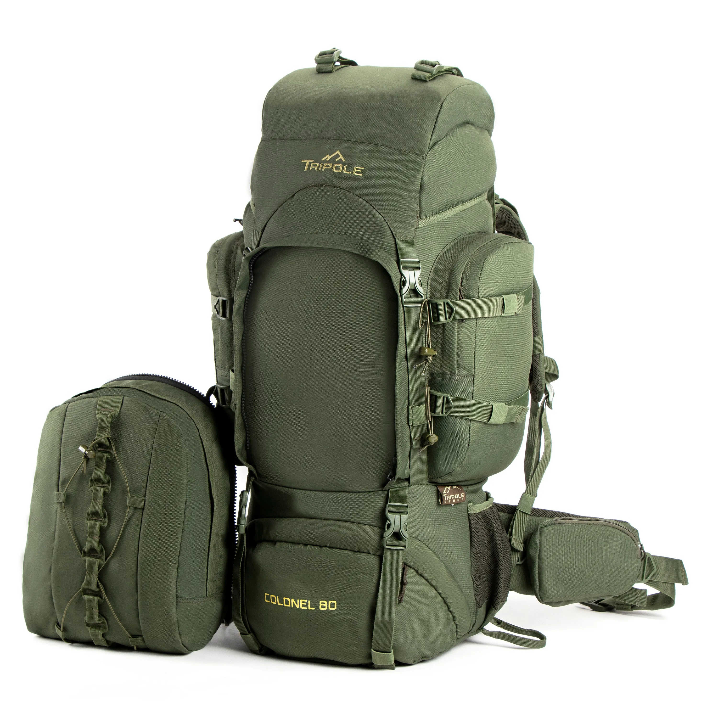 Tripole Colonel Metal Frame Rucksack with Detachable Bag & Rain Cover for Trekking & Travelling | Men & Women | 3 Year Warranty | Army Green | 80 Litre