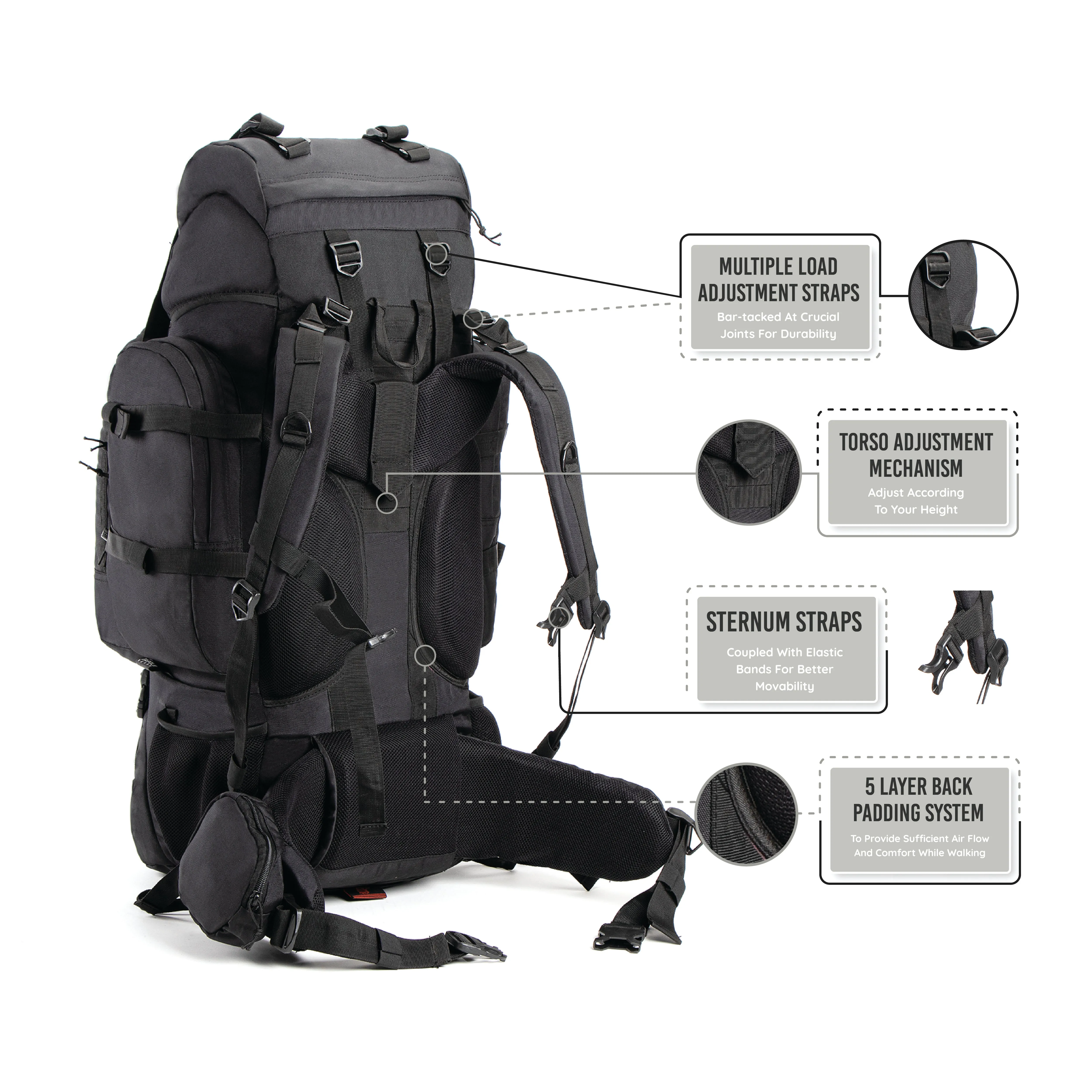 Tripole Colonel Metal Frame Rucksack with Detachable Bag & Rain Cover for Trekking & Travelling | Men & Women | 3 Year Warranty | Black | 80 Litre