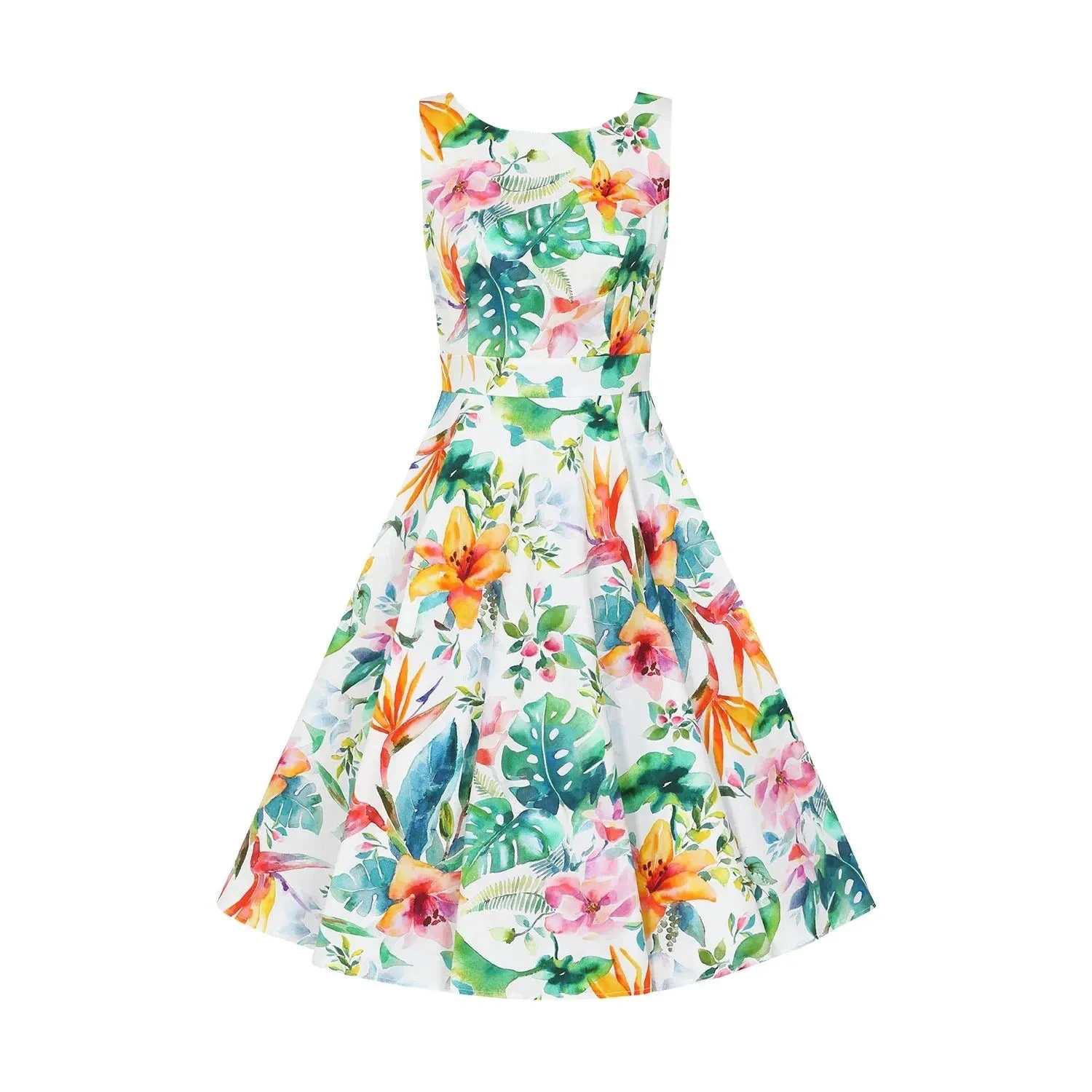 Tropical Print White Floral Summer Swing Party Dress