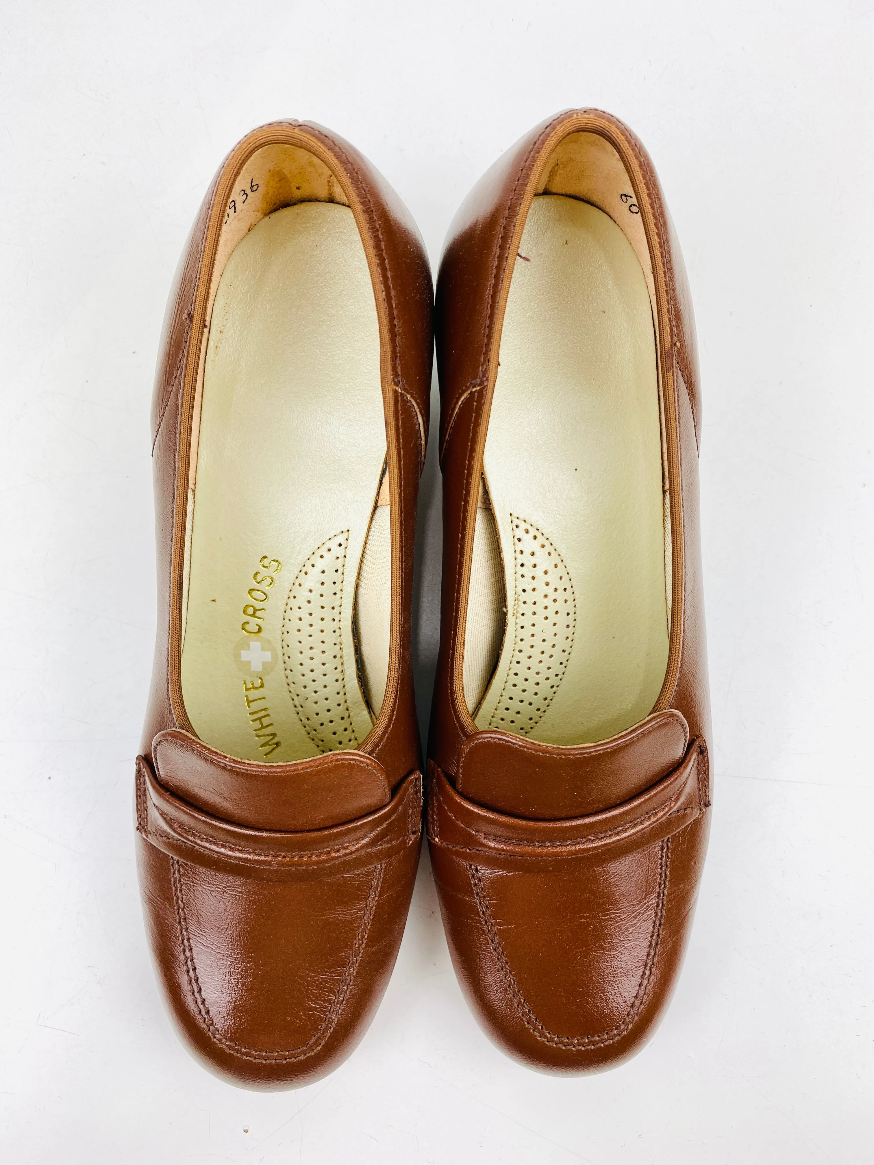 Vintage Deadstock Shoes, Women's 1980s Brown Leather Cuban Heel Pumps, NOS, 7740