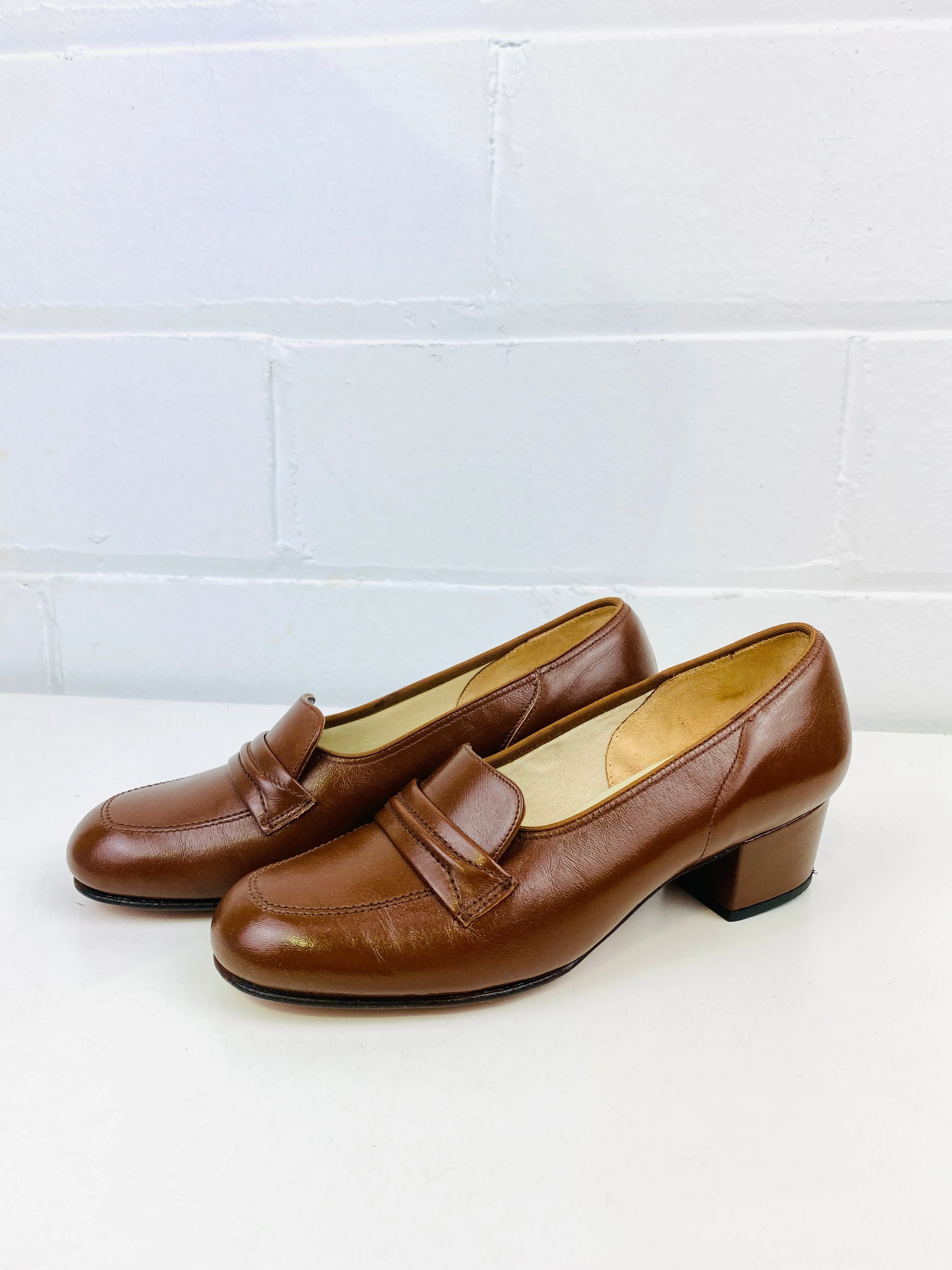 Vintage Deadstock Shoes, Women's 1980s Brown Leather Cuban Heel Pumps, NOS, 7740