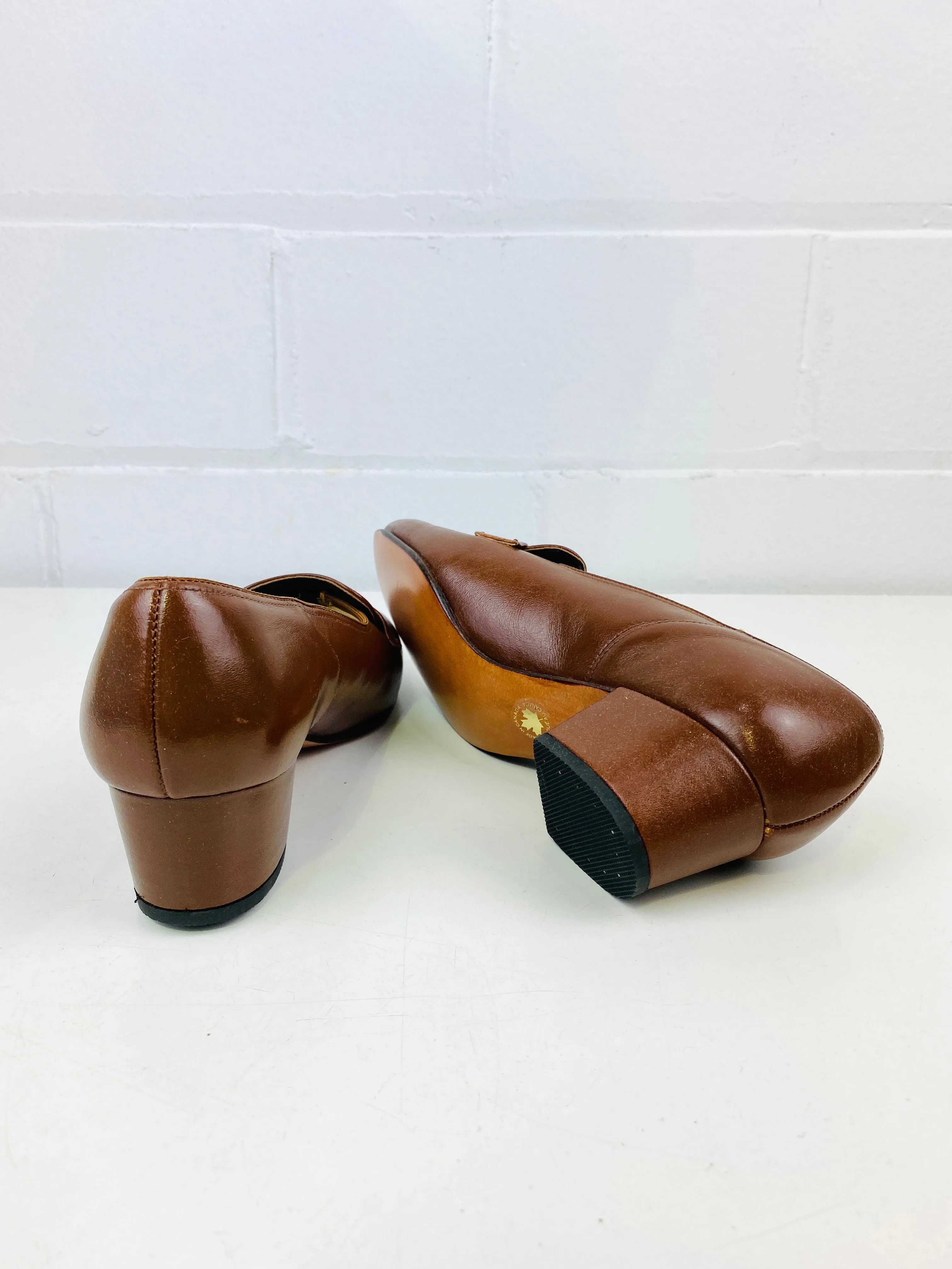 Vintage Deadstock Shoes, Women's 1980s Brown Leather Cuban Heel Pumps, NOS, 7740