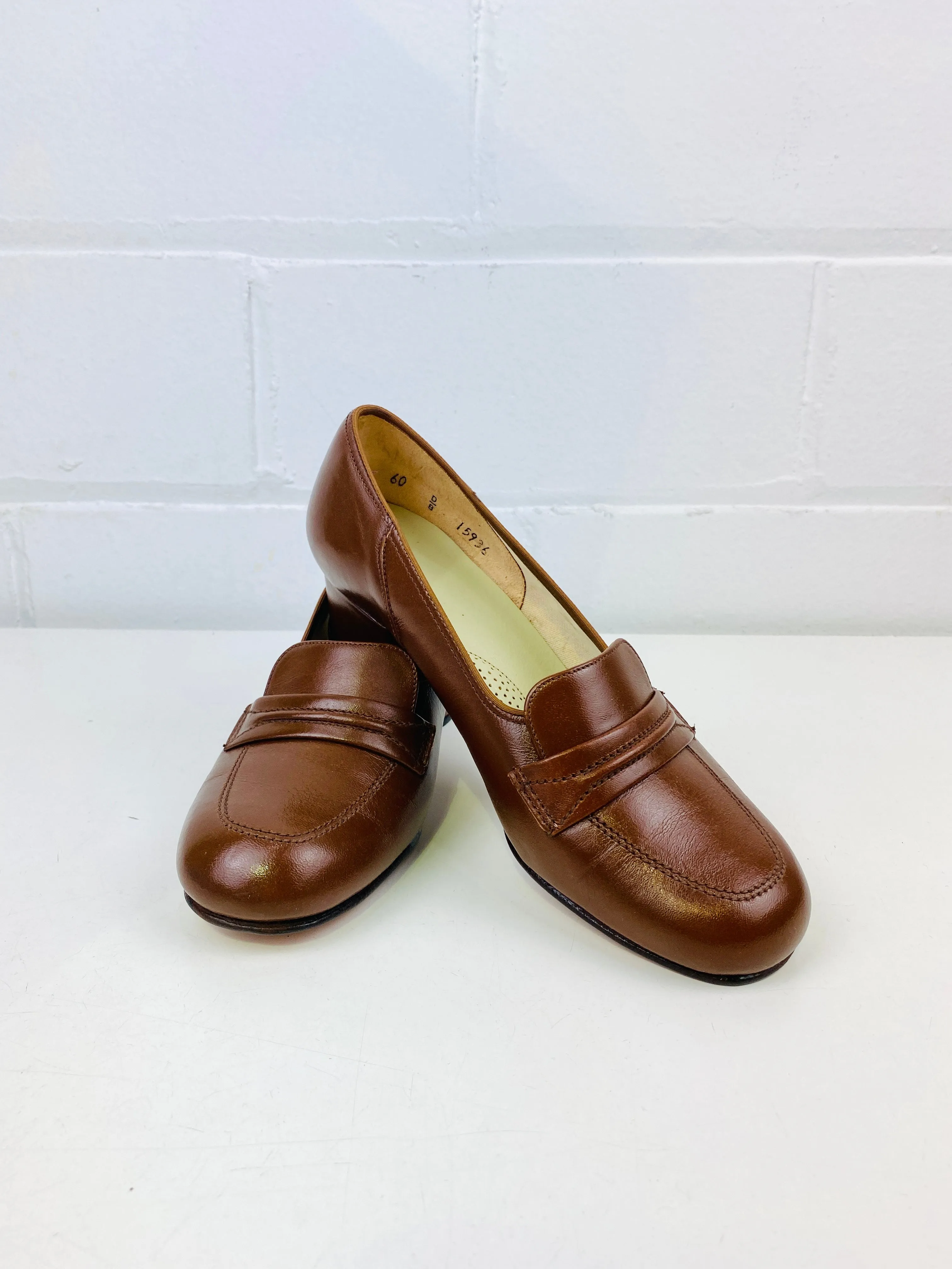 Vintage Deadstock Shoes, Women's 1980s Brown Leather Cuban Heel Pumps, NOS, 7740