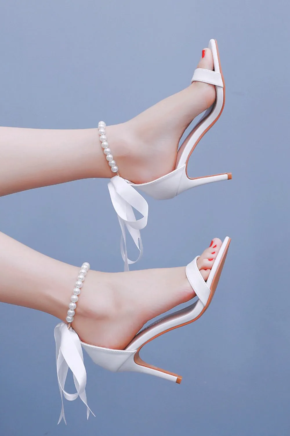 White Open Toe Strap Bow Ribbon Pearl Ankle Wedding Shoes