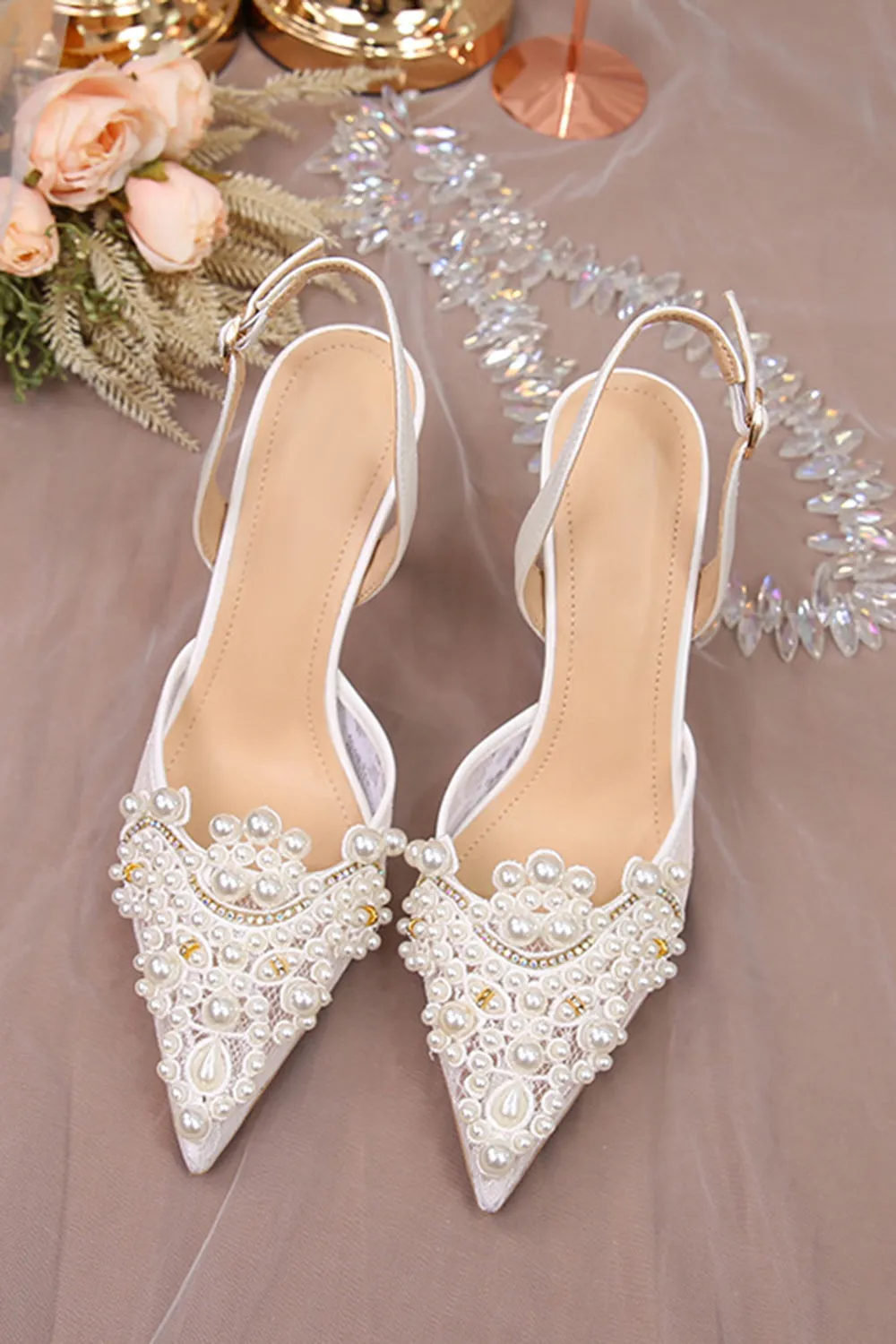 White Stiletto Lace Pearl Back Ankle Buckle Wedding Shoes