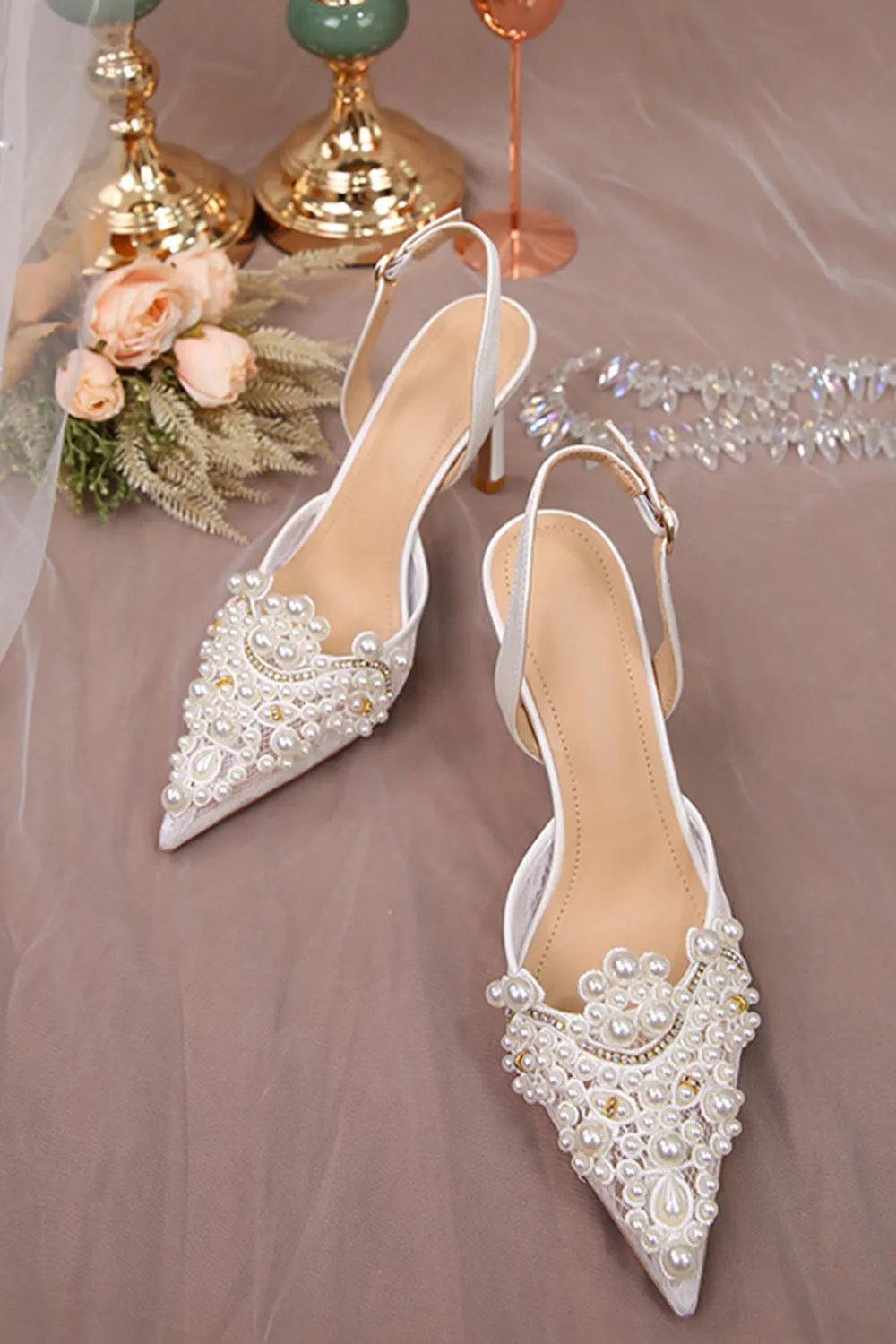 White Stiletto Lace Pearl Back Ankle Buckle Wedding Shoes