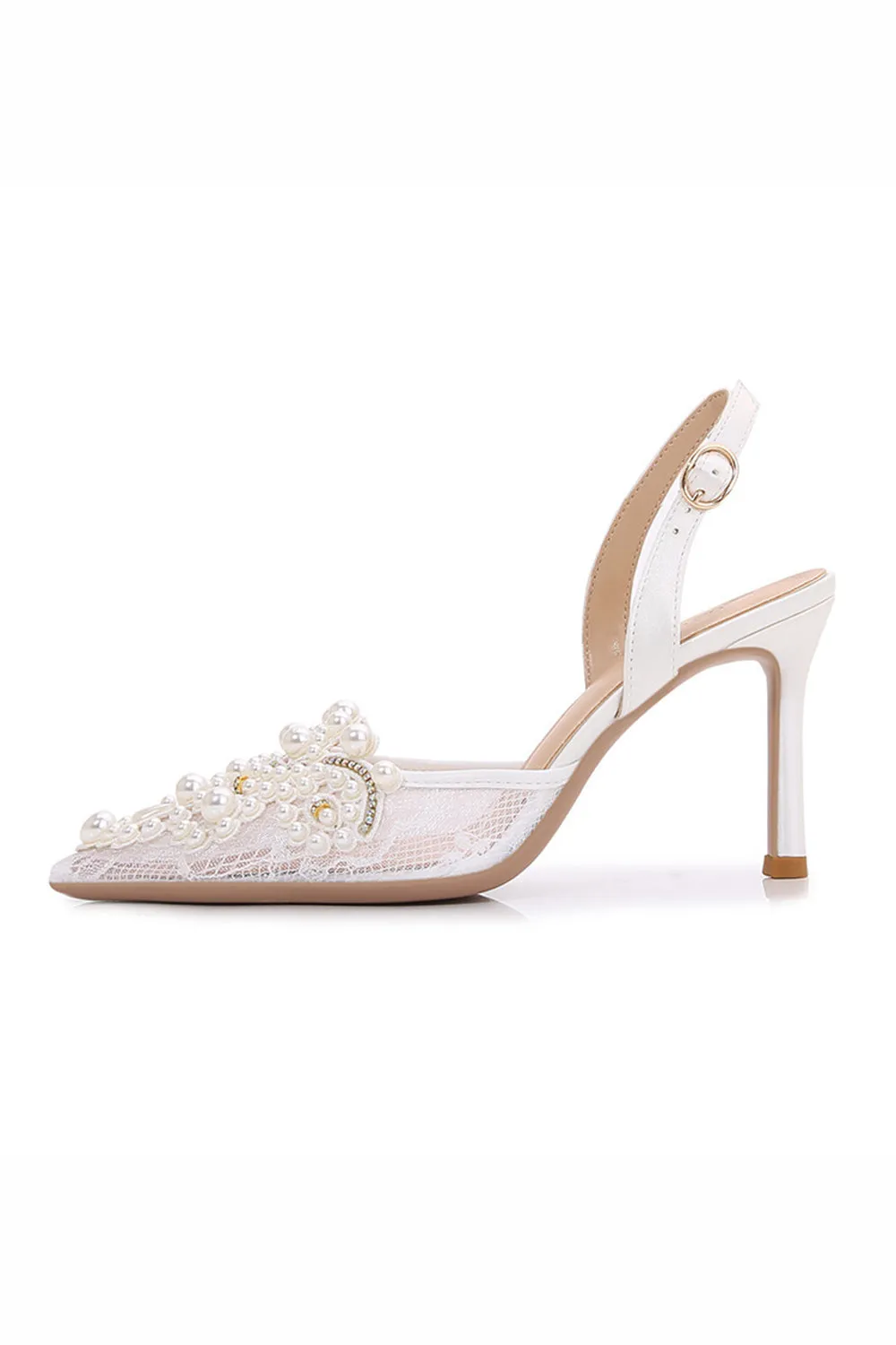 White Stiletto Lace Pearl Back Ankle Buckle Wedding Shoes