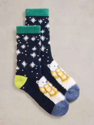 White Stuff Cosy Polar Bear Cabin Sock Navy Multi