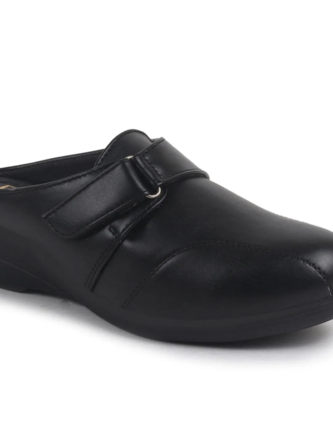 Women Black Back Open Formal Slip On Flatform Heel Wedges with Hook and Loop|Adjustable Strap Shoes|Office Meetings