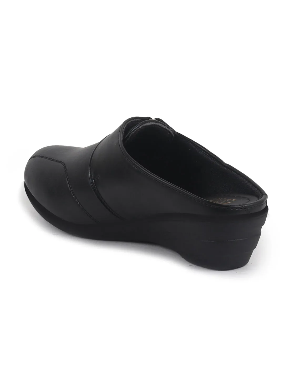 Women Black Back Open Formal Slip On Flatform Heel Wedges with Hook and Loop|Adjustable Strap Shoes|Office Meetings