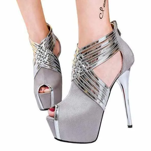 Women's Grey & Silver Cross Strap Peep Toe Ankle Boots