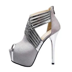 Women's Grey & Silver Cross Strap Peep Toe Ankle Boots