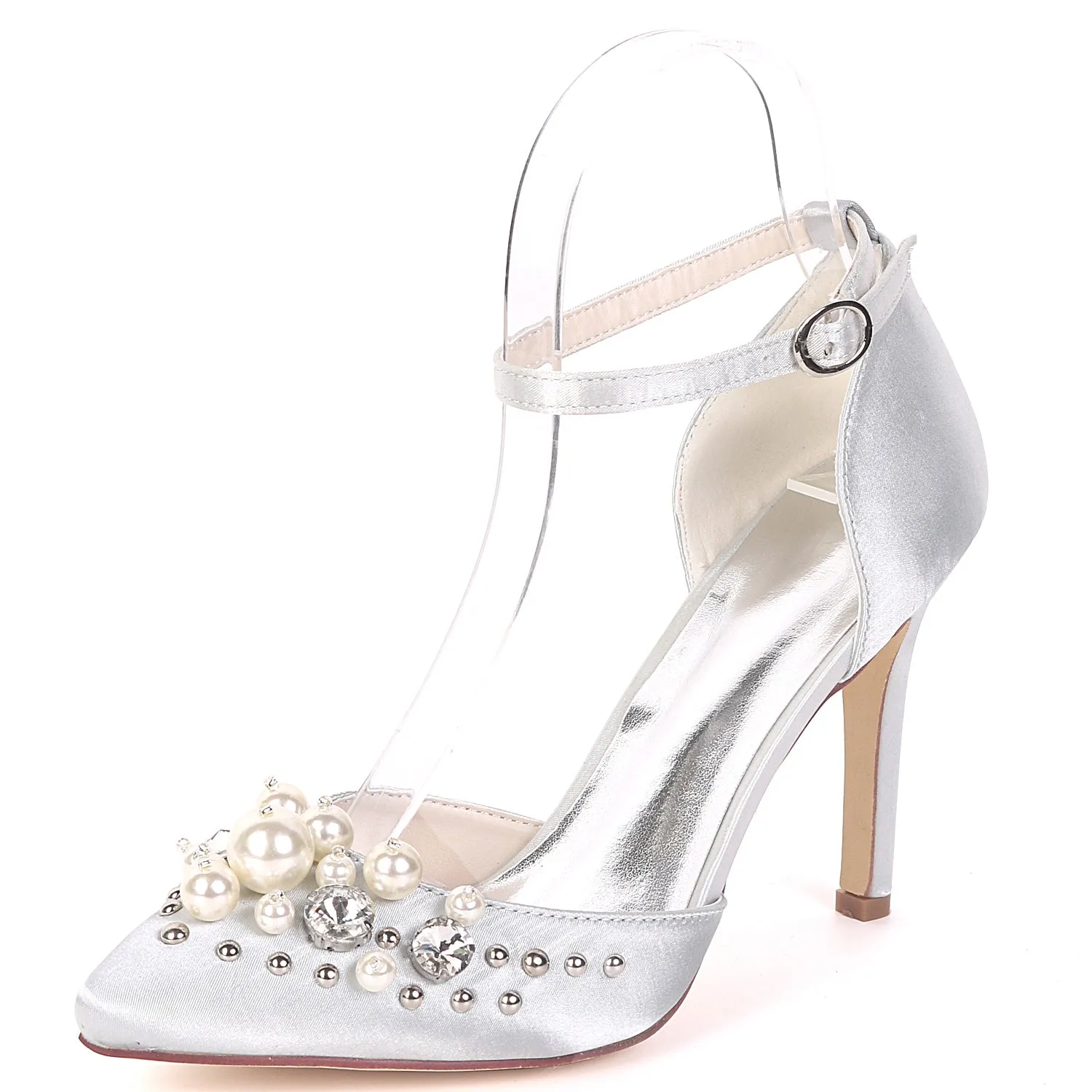 Women's Satin Stiletto Heel Pumps With Pearl Wedding Shoes Bridal Shoes