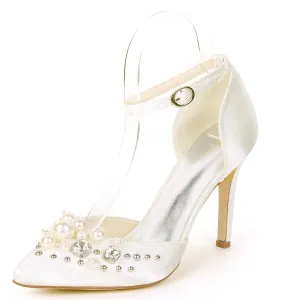 Women's Satin Stiletto Heel Pumps With Pearl Wedding Shoes Bridal Shoes