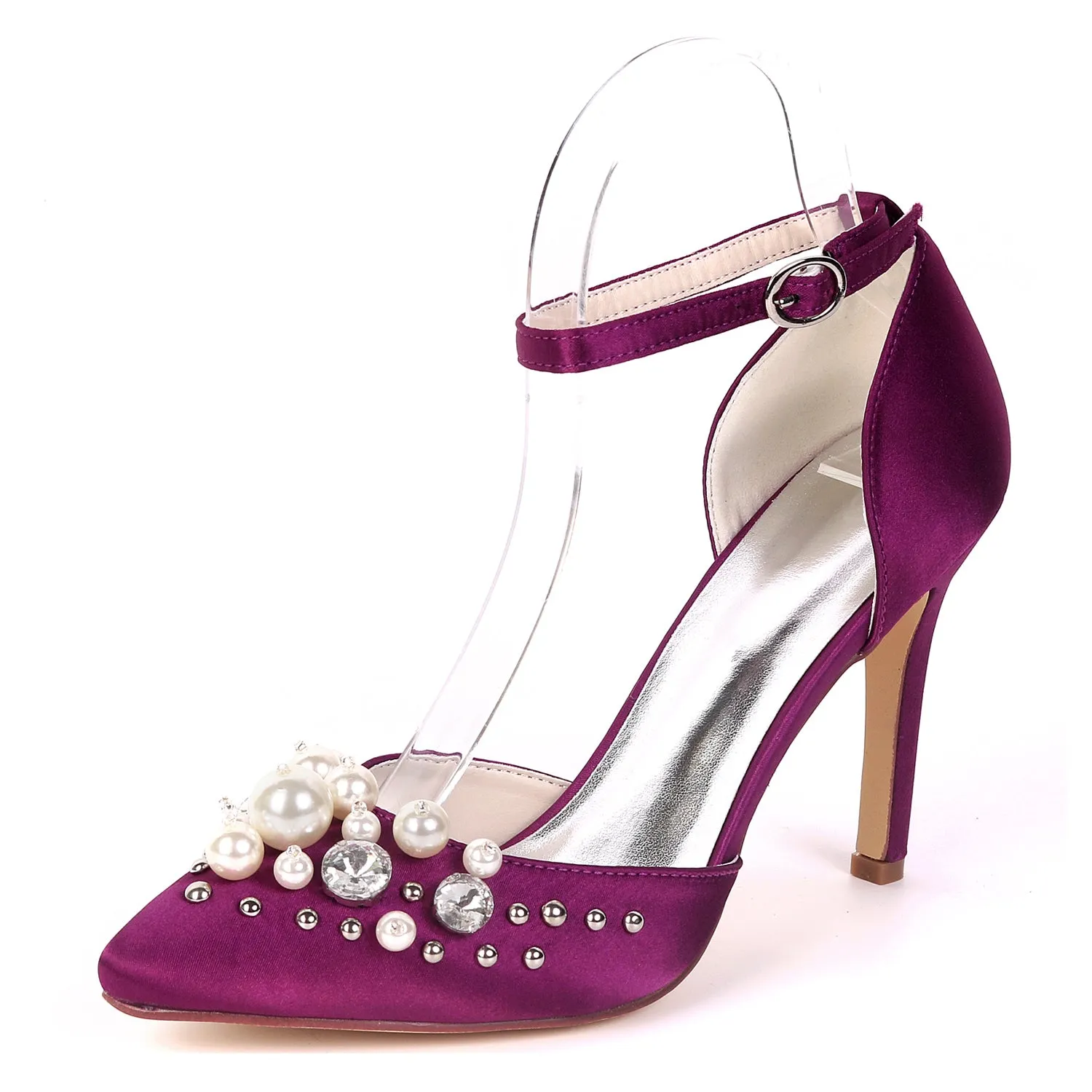 Women's Satin Stiletto Heel Pumps With Pearl Wedding Shoes Bridal Shoes