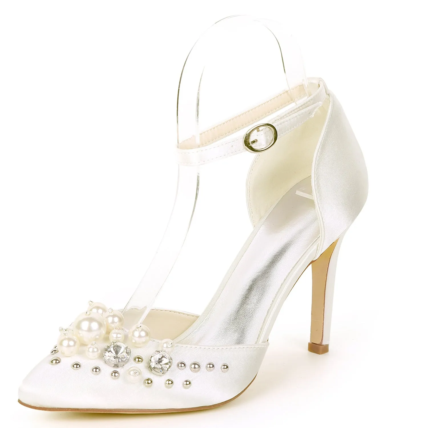 Women's Satin Stiletto Heel Pumps With Pearl Wedding Shoes Bridal Shoes