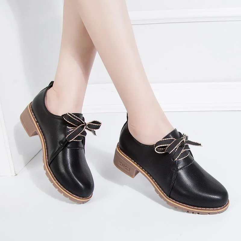 Women's Small Leather Shoes With Thick Heels And Single Shoes